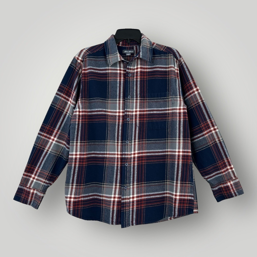 Eddie Bauer Flannel Shirt Men's M Blue Red Plaid Long‎ Sleeve 100% Cotton
